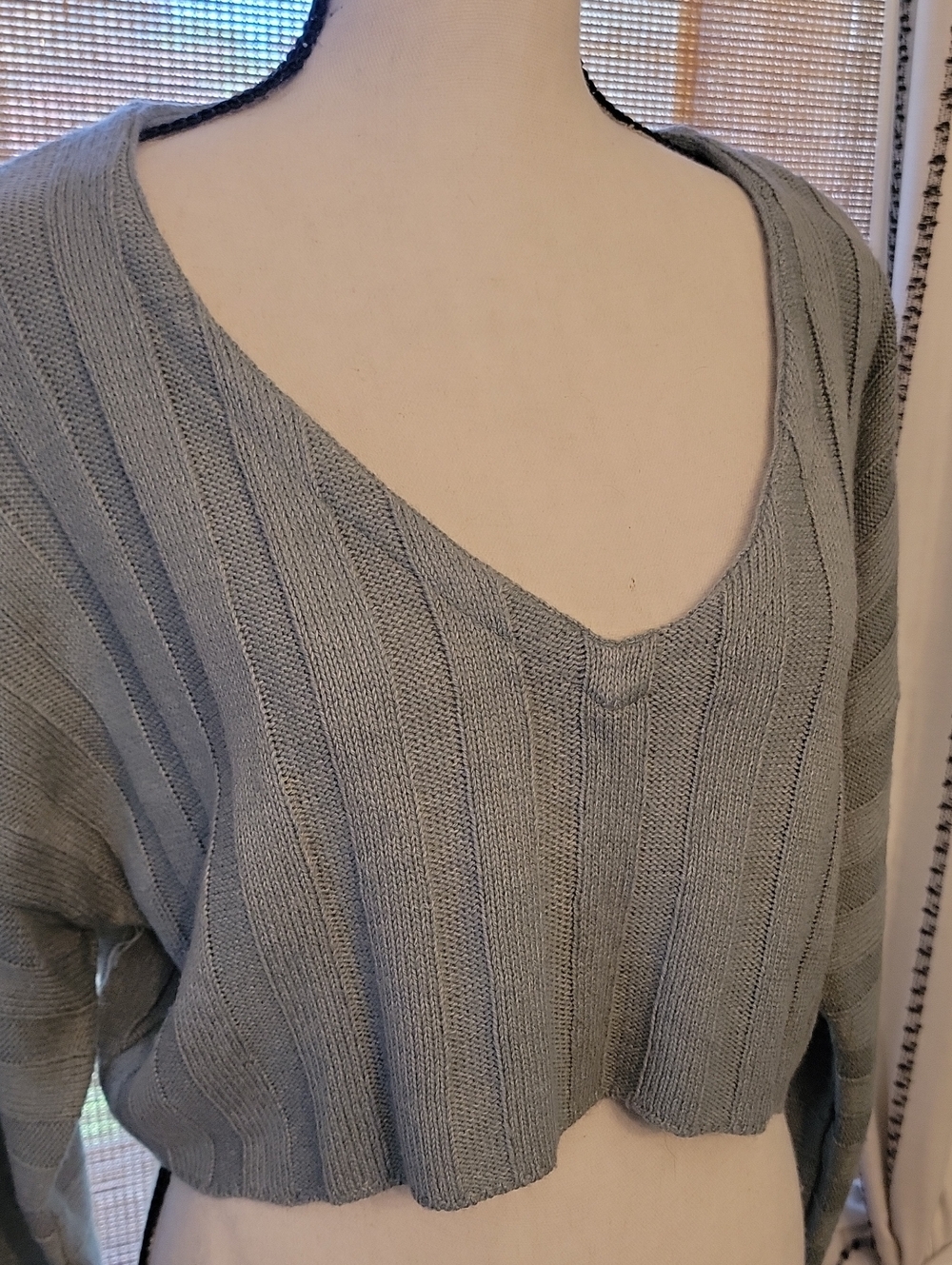 Garage Cropped Ribbed V-Neck Sweater in Sage Green